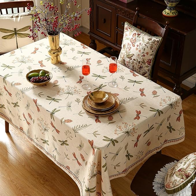 French Tablecloth for Rectangle Tables,Linen Table Cloth with Flowers and Red and Green Dragonflies Pattern,Durable Table Cover for Dining Thanksgiving Kitchen Party Christmas,55"*87"