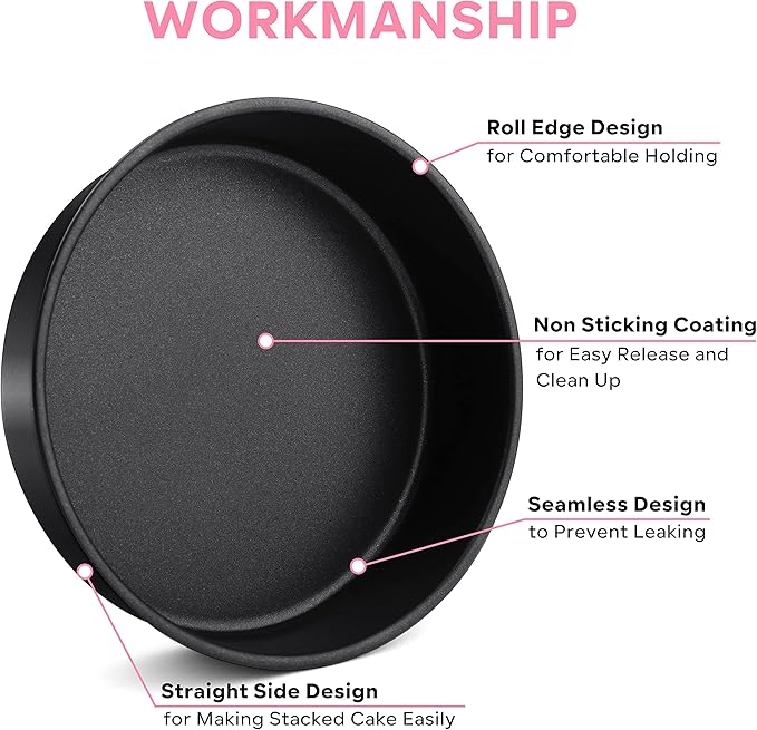 Herogo 8 Inch Cake Pan Set of 2, Stainless Steel Black Nonstick 3'' Deep Round Baking Pan, for Birthday Wedding Layer Cake Bakeware, Non Toxic, Oven & Dishwasher Safe