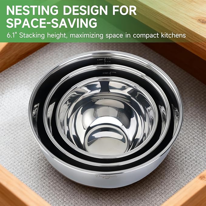 Mixing Bowls with Airtight Lids, Clear Lid with Valve, Stainless Steel Nesting Bowl Set, 3-Piece Bowls(1.5/3/5 QT), Measurement Marks, Non-Slip Silicone Base, Dishwasher Safe, Food Prep & Storage