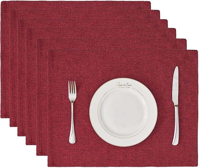 BALCONY & FALCON Placemats Set of 6 Faux Linen Cloth Place Mats Washable Waterproof Wrinkle Resistant Table Placemats for Dining Kitchen Farmhouse Indoor & Outdoor Use(Ruby Red, 13.8”x 17.7”