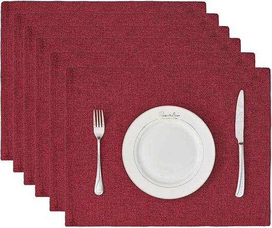 BALCONY & FALCON Placemats Set of 6 Faux Linen Cloth Place Mats Washable Waterproof Wrinkle Resistant Table Placemats for Dining Kitchen Farmhouse Indoor & Outdoor Use(Ruby Red, 13.8”x 17.7”