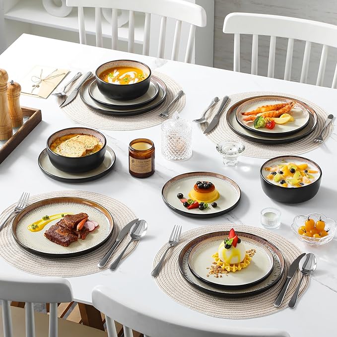 vancasso Plates and Bowls Sets, 24 Pieces Stoneware Dinnerware Sets for 8, Kitchen Dish Set Mircowave and Dishwasher Safe Dinner Set Ceramic Dishware, Light Cream, Series AMBER