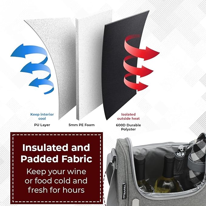 Truvelli Insulated Wine Tote Bag: Portable 2 Bottle Cheese Waterproof Black Canvas Carrier Picnic Kit - Stopper Attachment, Plus Wooden Charcuterie Board