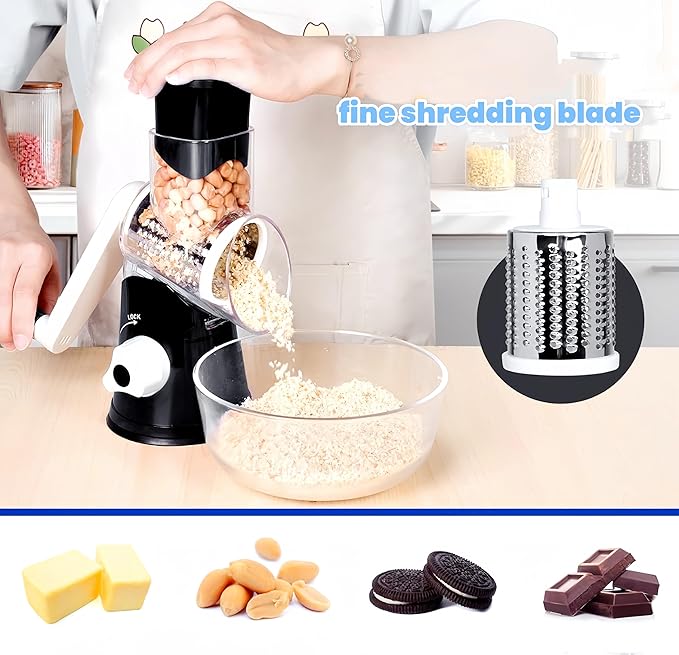 Rotary Cheese Grater Hand Crank, Grater For Kitchen With Reinforced Suction - Rotary Cheese Grater With 3 Replaceable Stainless Steel Blades - Easy to Use & Clean - Vegetable Cutter (Black)
