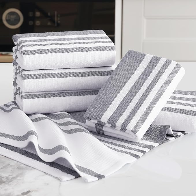 Homaxy Premium Kitchen Towels 18”x 28”, Large Cotton 380 GSM Kitchen Hand Towels, Stripe and Terry Dish Towel, Highly Absorbent Tea Towel Set with Hanging Loop, 6 Pack, Grey