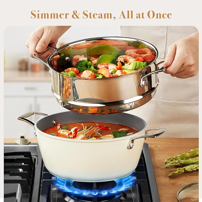 PekGema Ceramic Cookware Set Nonstick, 16 Pcs Pots and Pans Set Non Toxic, Oven Safe, Induction Cookware, Cooking Set with Steamer, PPG Ceramic PFAS PTFE PFOA FREE, Beige