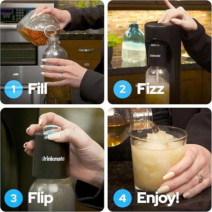 Drinkmate OmniFizz Sparkling Beverage Maker CO2 Bundle - Sparkling Water/Soda Streaming Machine That Carbonates Any Drink - Includes 4 CO2 Cylinders, 1 Carbonation Bottle, 1 Fizz Infuser - Matte Black