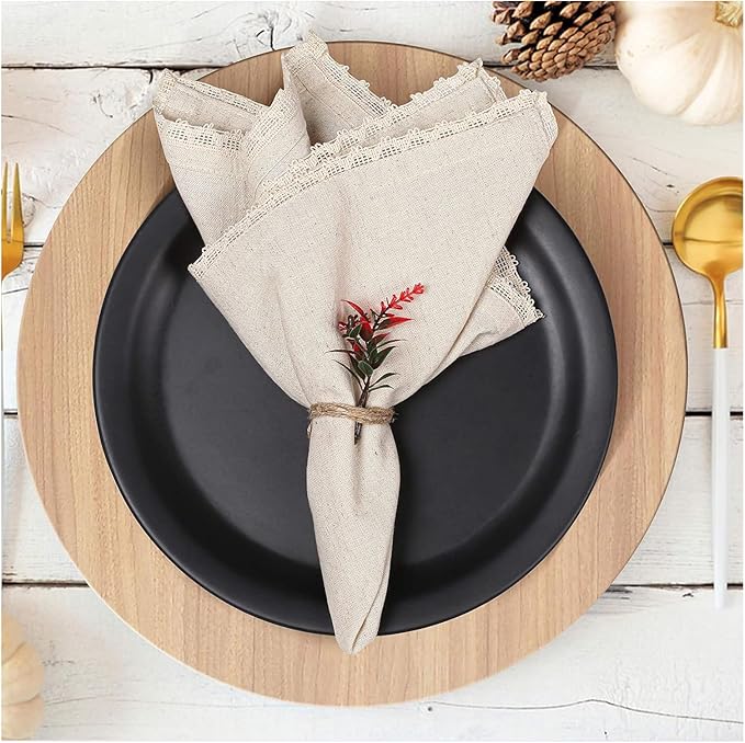 Bedding Craft Cloth Dinner Napkins Linen Flax Cotton 18x18 Set of 12 – Natural with Lace & Mitered Corners – Machine Washable Reusable Fabric Napkins for Weddings, Parties & Table Decorations