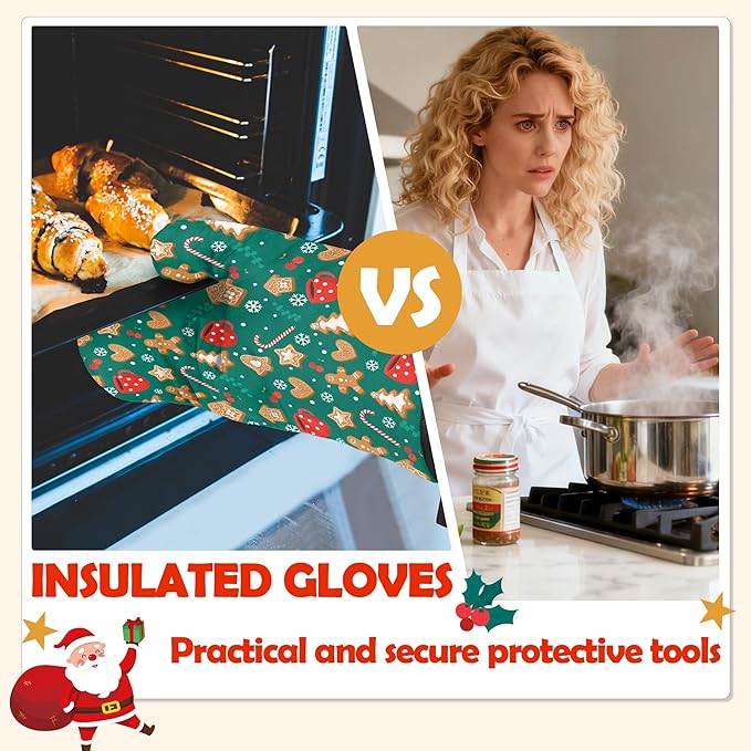 Oven Mitts Pot Holders Set 3 for Kitchen, Christmas Candy Biscuit Insulation Oven Gloves Heat Resistant Pot Pads Cook Essentials Accessories for BBQ Baking Cooking Kitchen Decor Gifts for Women