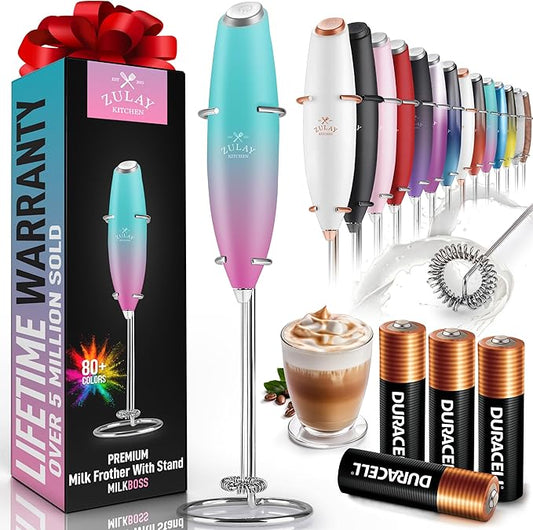 Zulay Kitchen Powerful Milk Frother Wand With 4 AA Duracell Batteries - Ultra Fast Handheld Drink Mixer - Electric Whisk Foam Maker for Coffee, Lattes, Cappuccino, Matcha & Creamer -