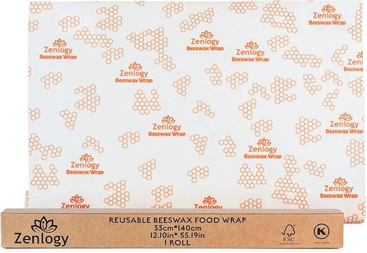 Zenlogy Reusable Beeswax Food Storage Wrap, Eco Friendly Alternative, Sustainable Organic Cut to Size Cotton Beeswax Wraps, 1 Roll, 13in x 55in (33cm x 140cm)