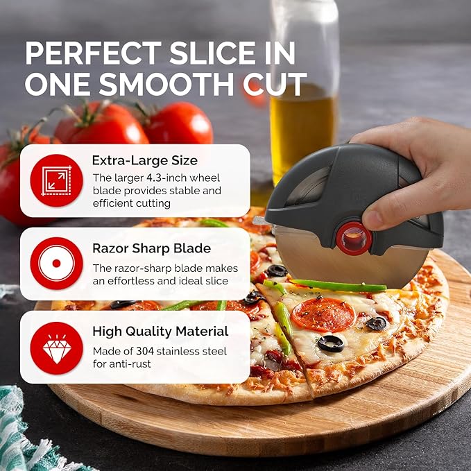 Pizza Cutter Wheel, 4.3" Large Pizza Slicer Wheel with Safety Blade Cover, Super Sharp Stainless Steel Pizza Wheel Slices Effortlessly, Easy Cleaning Pizza Cutters Dishwasher Safe, Gray