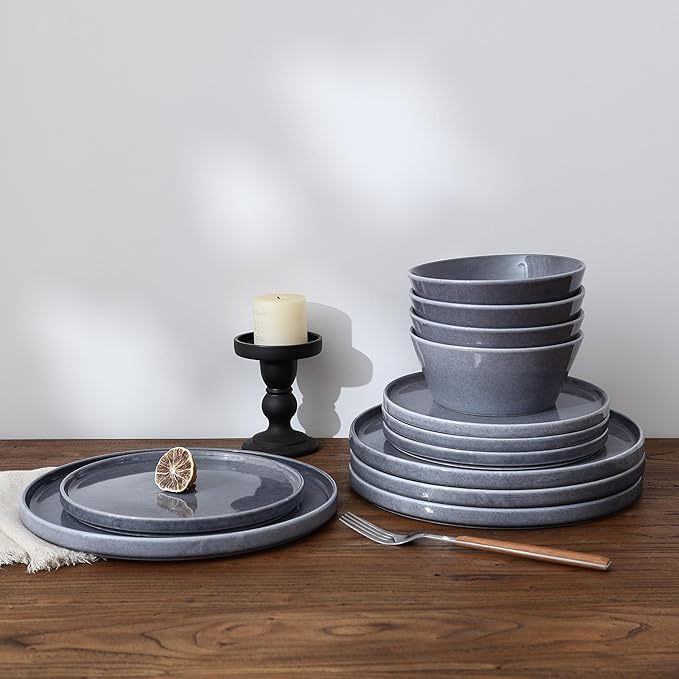 Famiware Plates and Bowls Sets, Annecy Stoneware Dinnerware Sets for 8, 24 Pieces Dish Set, Plate with Lip Edge, Reactive Glaze Tableware - Microwave & Dishwasher Safe, Misty-Blue