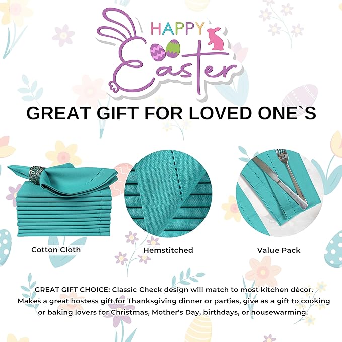 Bedding Craft Cotton Cloth Dinner Napkins Set of 12 – 18x18 Latigo Bay Teal with Hemstitched Mitered Corners – Machine Washable Reusable Napkins for Weddings, Parties & Daily Use