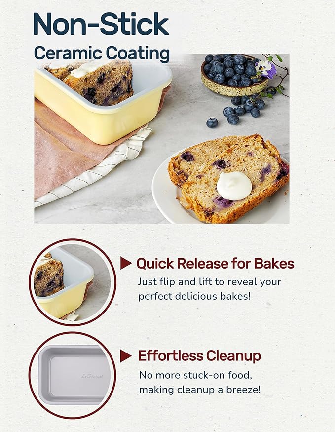 LeGourmet Nonstick Bread Loaf Pan 9 X 5 Inch, Ceramic Coating, Non-Toxic, Rust Resistant Aluminized Steel, Perfect 1 lb Baking Dish for Meatloaf, Pound Cake & Brownie (Butter 2pcs)
