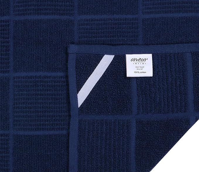 AMOUR INFINI Kitchen Towels Pack of 4 Absorbent, Quick Drying Premium Terry Cotton Dish Towel with Hanging Loop 16x28 Inch Hand & Tea Towels (Blue)