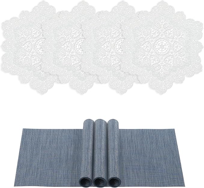 BACKTOEDEN Placemats Set of 4 Heat Resistant Washable Wipeable Placemat Woven Non-Slip Foldable Vinyl/Plastic Place Mats Indoor/Outdoor Mat Kitchen Dining Table Pad, White Snowflake & Blue
