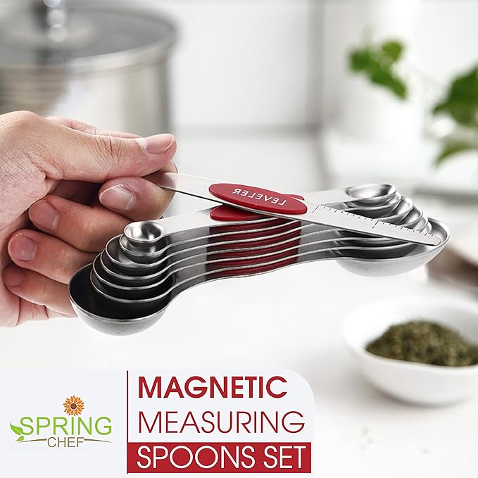 Spring Chef Red Stainless Steel Magnetic Measuring Spoons Set of 8 with Leveler, Metal Teaspoon & Tablespoon Measuring Spoons with Strong Magnets, Kitchen Gadgets for Baking & Cooking - Set of 2