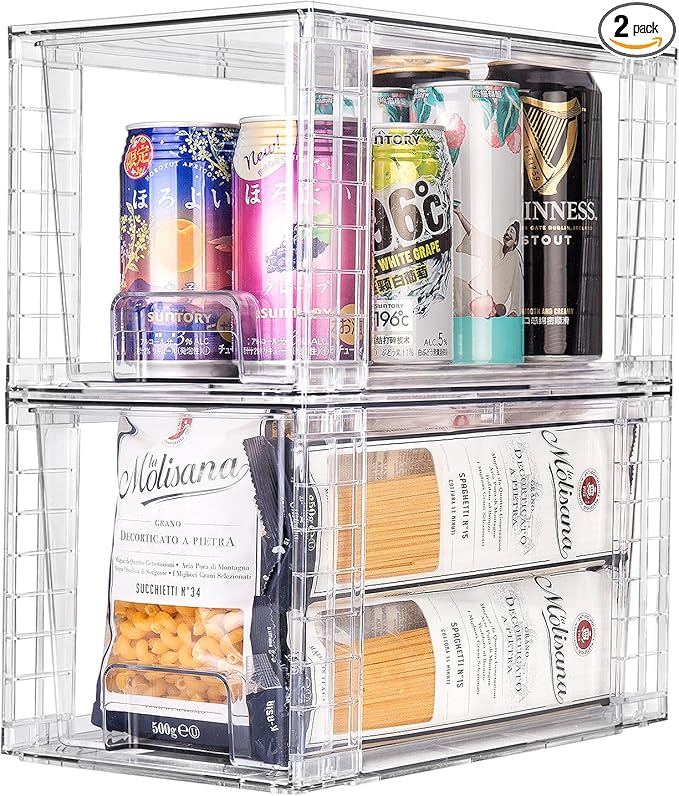 2Pack Large Stackable Kitchen Storage Drawers, Clear Foods Organizer Bins with Handles, Easily Assemble for Bathroom, Kitchen, Pantry, Cabinet, Closet(XL-Down Handle)
