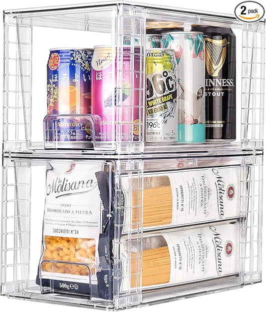 2Pack Large Stackable Kitchen Storage Drawers, Clear Foods Organizer Bins with Handles, Easily Assemble for Bathroom, Kitchen, Pantry, Cabinet, Closet(XL-Down Handle)