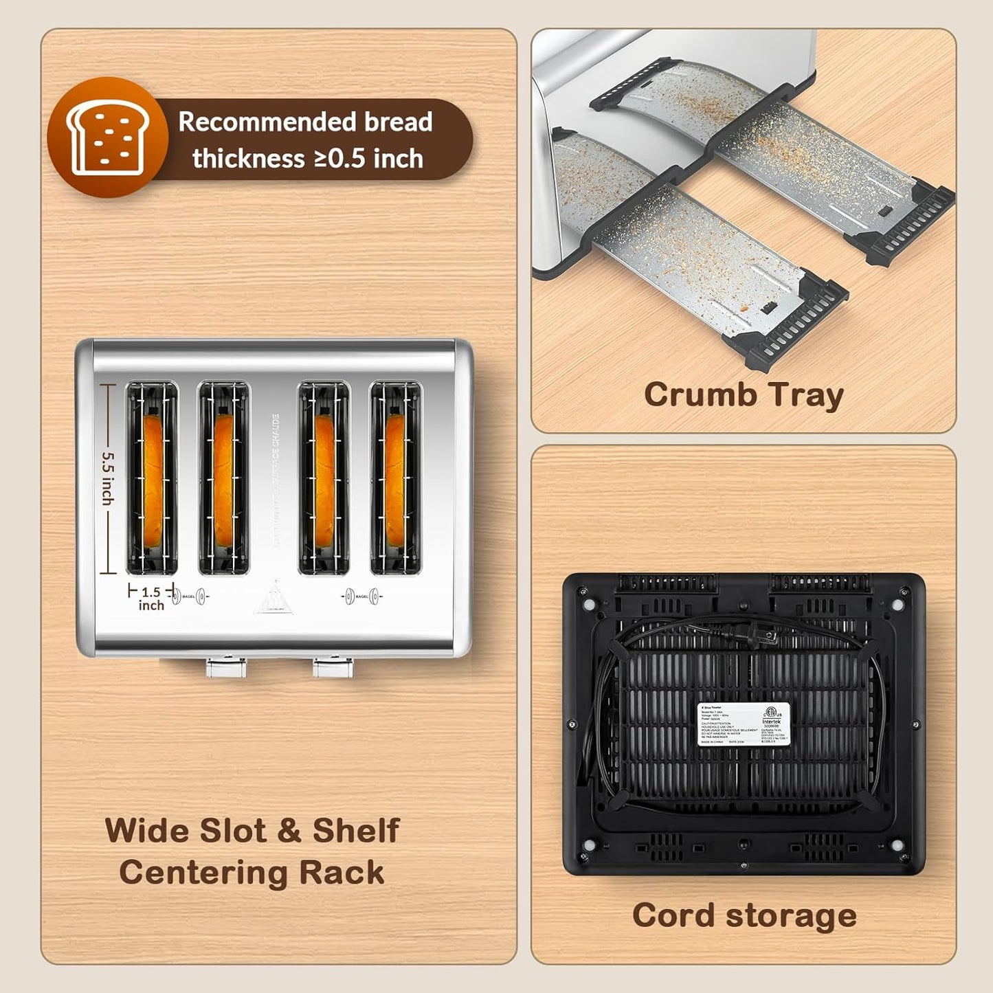 Mecity 4 Slice Toaster with Touch Screen Control, 4 Wide Slots, Stainless Steel Smart Bread Toaster for Bagels, Muffins, Waffles, Dual Control Panel, Timer, Defrost, Reheat, 120V 1650W