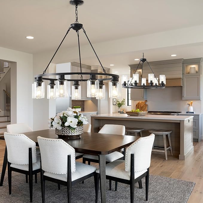 32“ Black Wagon Wheel Chandelier, 9-Light Farmhouse Glass Pendant Lights Kitchen Island Round Hanging Lighting fixtures Ceiling for Living Room, Dining Room, Kitchen Island, Entryway, Foyer