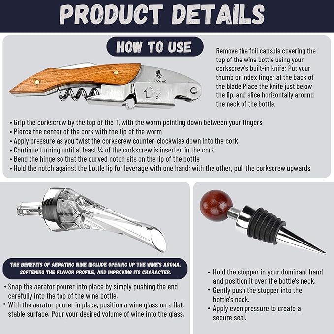 A&A Wonders Wine Accessories Set, Featuring 3 in-1 Multifunctional Waiters Corkscrew Bottle Opener, Wine Aerator Pourer Spout & Decanter, Air-Tight Wine Stopper.