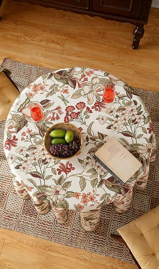 French Tablecloth for Round Tables,Linen Table Cloth with Colorful Flowers Pattern,Heavy Durable Table Cover for Dining Thanksgiving Kitchen Decor Party Christmas,Diameter 67"