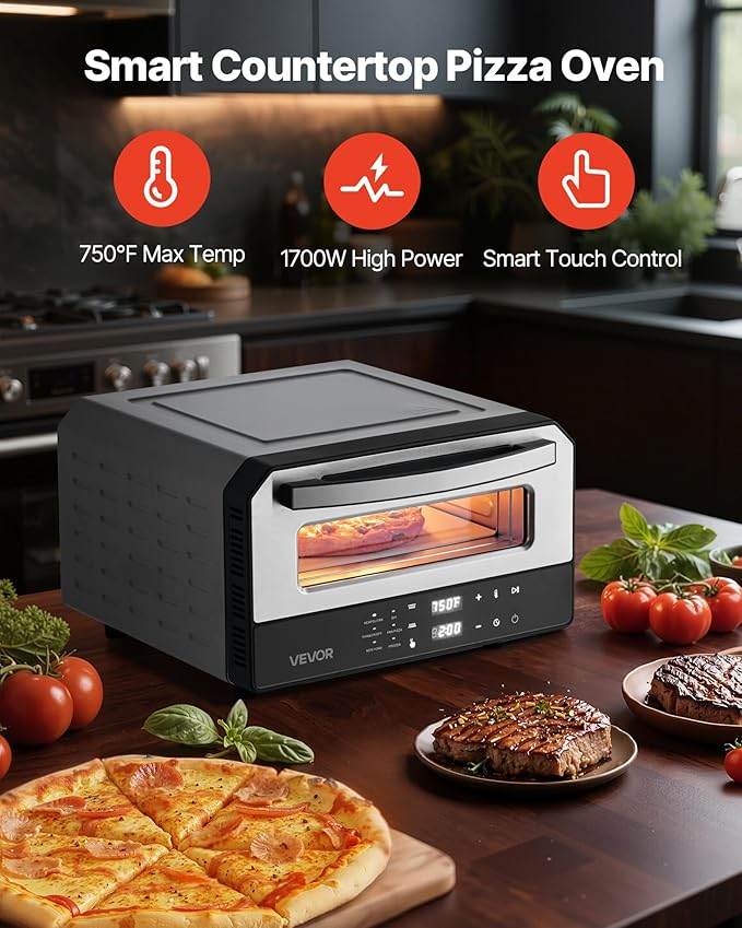 VEVOR Electric Pizza Oven, Smart Pizzas Maker Indoor with 5 Preset, 12-Inch Countertop Pizza Cooker w/Touch Srceen, 750℉ Max Temp, 2-Min Rapid Baking Oven Thin & Crispy, Neapolitan, Frozen, New York