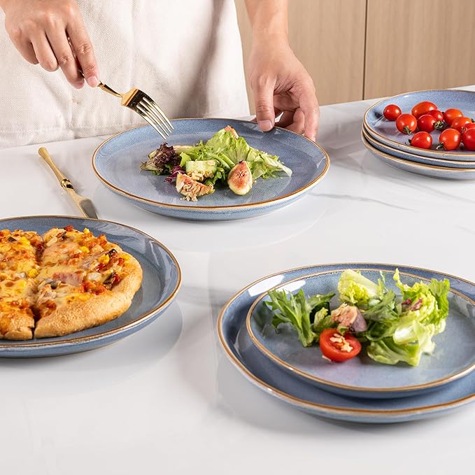 AmorArc Ceramic Dinnerware Sets,Handmade Reactive Glaze Stoneware Plates and Bowls Set,Highly Chip and Crack Resistant | Dishwasher & Microwave Safe Dishes Set,Service for 8 (24pc)-Reactive Blue