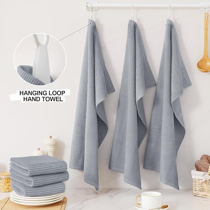 Homaxy Premium Kitchen Towels (18"x 28", 8 Pack), Large 100% Cotton Kitchen Hand Towels, Ultra Absorbent Ribbed Terry Tea Towels Set with Hanging Loop, Grey