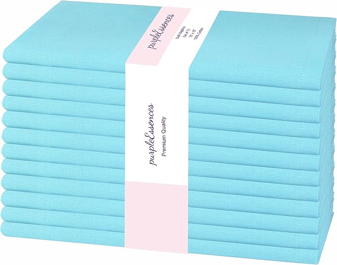 PurpleEssences Set of 12 Cloth Dinner Napkins 100% Cotton 18x18 Inch - Soft Durable Washable - Ideal for Farmhouse Party Fall Thanksgiving - Perfect Everyday Use Table Linen - Aqua Blue