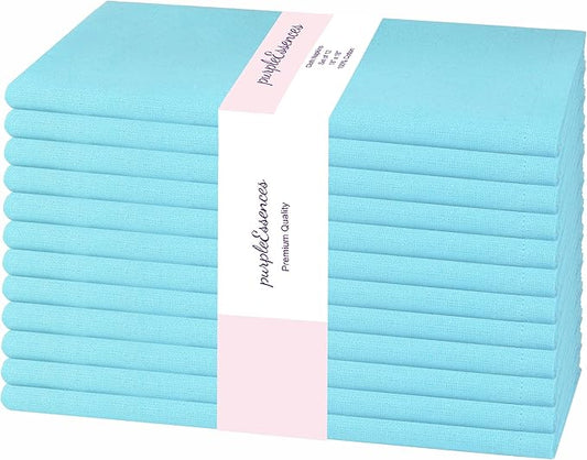 PurpleEssences Set of 12 Cloth Dinner Napkins 100% Cotton 18x18 Inch - Soft Durable Washable - Ideal for Farmhouse Party Fall Thanksgiving - Perfect Everyday Use Table Linen - Aqua Blue