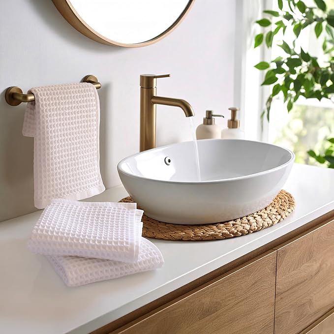 PÜSKÜL Organic Waffle Hand & Kitchen Towel 100% Turkish Cotton Set of 3 White - Premium Hotel Quality, Soft, Quick-Dry, Absorbent, Lint-Free Hand Towels 32X16 Inches (3, White)