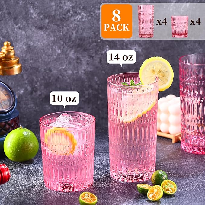 Glassware Drinking Glasses Set of 8, 14 oz Highball Glasses & 10 oz Ribbed Glass Cups, Vintage Glassware for Water, Juice, Cocktail, Whiskey (Pink)