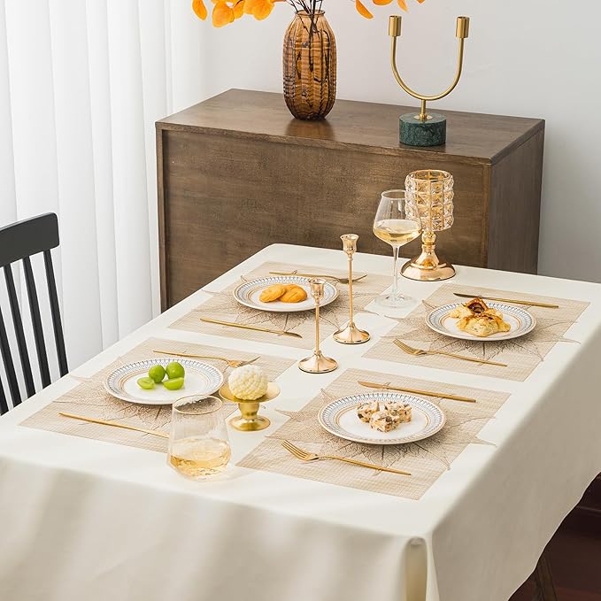 BACKTOEDEN Placemats Set of 4 Heat Resistant Washable Wipeable Placemat Woven Non-Slip Foldable Vinyl/Plastic Place Mats Indoor/Outdoor Mat Kitchen Dining Table Pad, Gold Maple Leaf & Beige