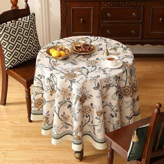 Floral Tablecloth for Round Tables,Linen Table Cloth with Yellow and White Flowers Pattern,Heavy Durable Table Cover for Dining Thanksgiving Kitchen Decor Party Christmas,Diameter 67"