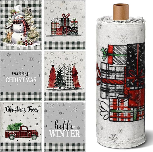 36 Pcs Christmas Reusable Paper Towels Rolls Washable Bulk Winter Christmas Snowman Snowflake Black White Plaid Dish Towels Paperless Cloth Cotton Napkins with Cardboard for Kitchen Bathroom