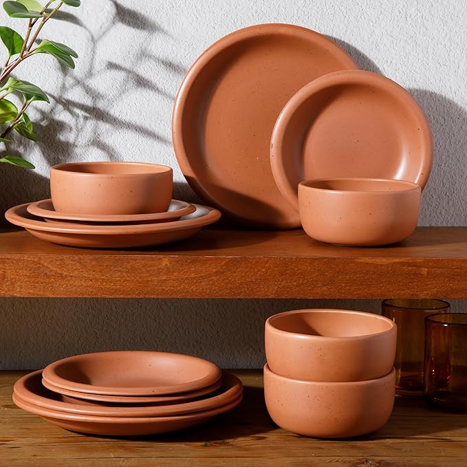 Bloomhouse - Two Time Oprah's Favorite Things Winner - Corsica Clay 12-Piece Stoneware Rustic Reactive Glaze Dinnerware Set - Stackable Plates Bowls Set Service for 4 - Matte Burnt Apricot Terracotta