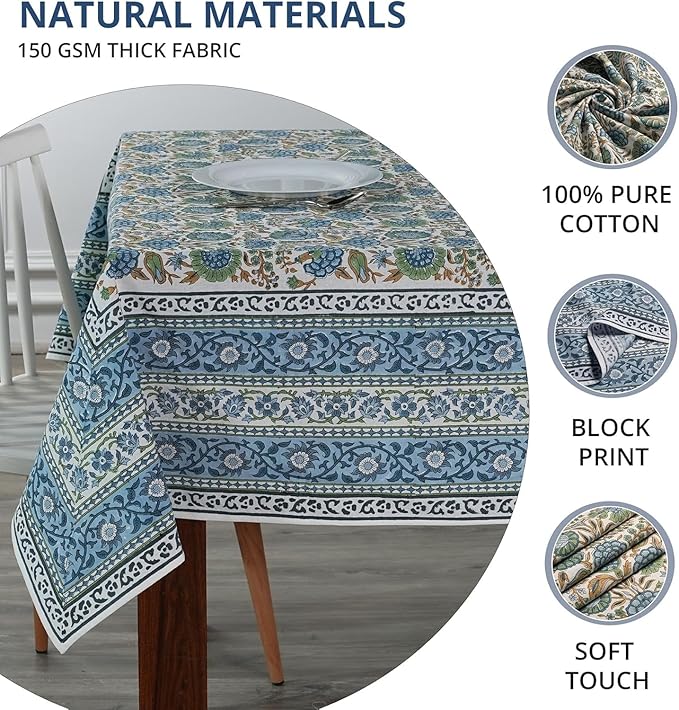 Ridhi Asparagus Green Floral Tablecloth 48x102 Inch Cotton Rectangular Tablecover Hand Block Print Washable Reusable Boho Dining Table Cloth for Wedding Thanksgiving Holiday Decor