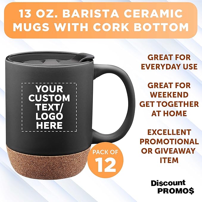 Custom Barista Ceramic Mugs with Cork Bottom 13 oz. Set of 12, Personalized Bulk Pack - Perfect for Coffee, Tea, Espresso, Hot Cocoa, Other Beverages - Black