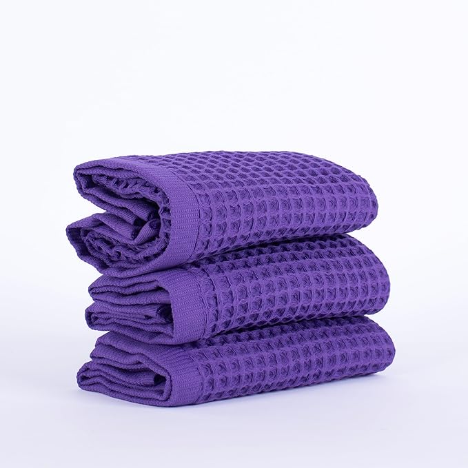 PÜSKÜL Organic Waffle Kitchen Towel 100% Turkish Cotton Set of 3 Lilac - Premium Quality, Soft, Quick-Dry, Absorbent, Lint-Free Hand Towels 32X16 Inches (3, Lilac)