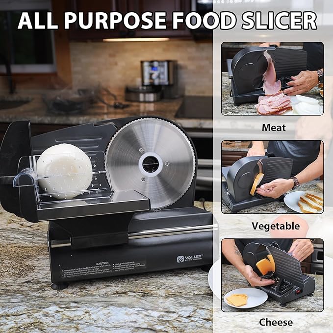 Meat Slicer Machine for Home, Electric Food Slicer with 7.5" Stainless Steel Blade, Adjustable Thickness, Easy to Clean, Cuts Meat, Bread, Cheese and Deli, Black