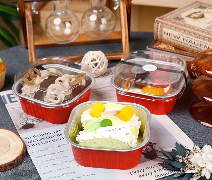 60 Pack Mini Cake Pans with Lids Mini Aluminum Pans, Disposable Loaf Pans Cupcake Liners with Lids for Pudding, Souffle, Party, Wedding(Red, 10 oz)