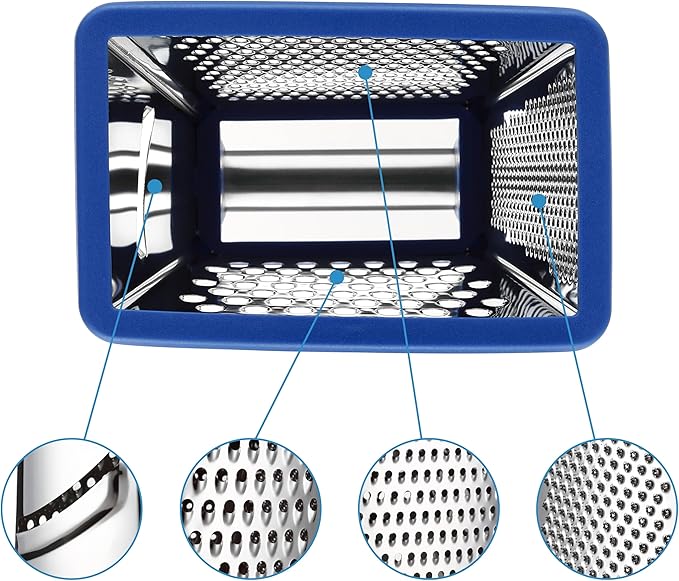 Spring Chef Stainless Steel XL Parmesan Cheese Grater with Handle - 4 Sided Metal Box Grater for Kitchen - Dishwasher Safe Potato Shredder for Hash Browns, Potato, Carrot, Vegetables - Sapphire