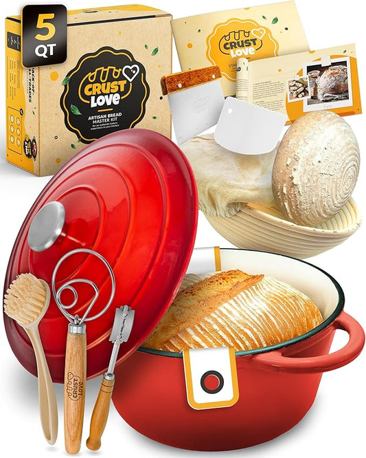 Dutch Oven for Bread Baking - incl. Sourdough Bread-Baking Supplies like Banneton Bread-Proofing Basket - 5QT Enameled Cast Iron Bread-Oven with Lid, Bread-Pan Sour Dough Starter Kit