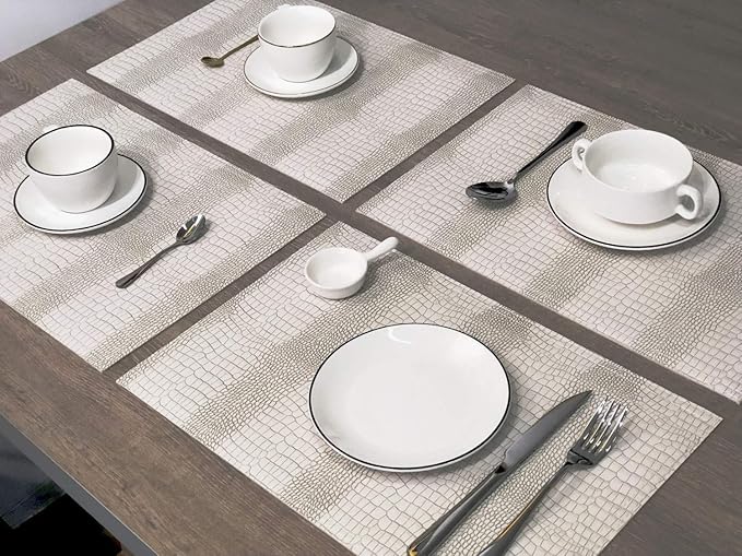 Waterproof PU Placemats, Faux Leather Hardboard Place Mats, Set of 8 Table Mats, Easy to Clean, Heat & Stain Resistant for Office Conference Table, Dining Home Decor, White