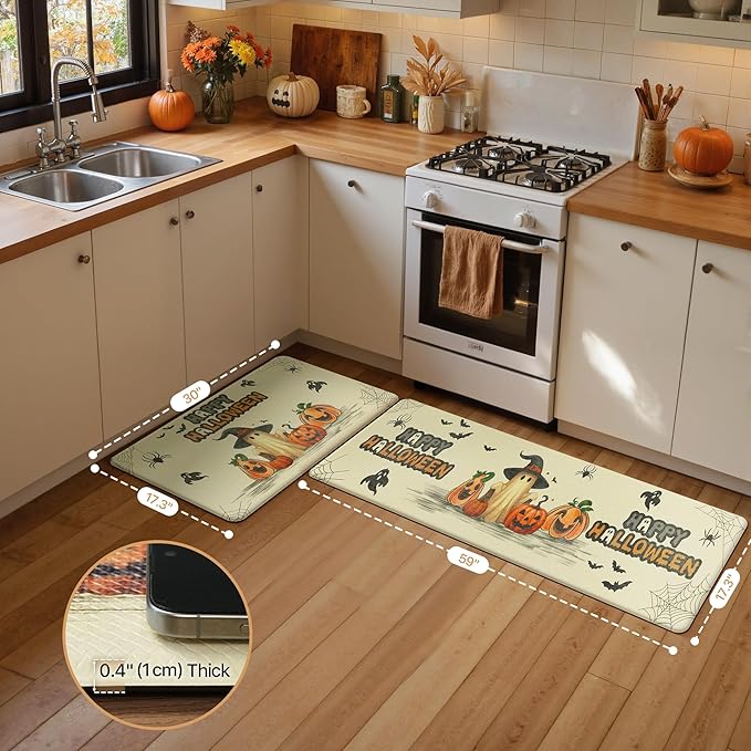 GENIMO Halloween Decorations - Kitchen Mats for Floor, 2PCS Kitchen Rugs, Cushioned Anti Fatigue Mat for Home Decor, Waterproof Non-Slip Comfort Standing Mat for Laundry, 17.3"x59"+17.3"x30", Beige