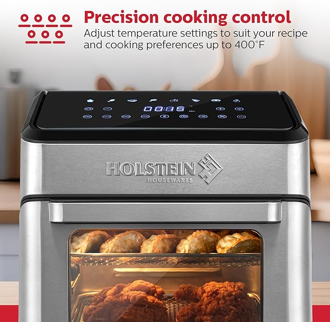 Holstein Housewares 12.7 QT Digital Air Fryer 8-in-1 with Hot Air Technology, Family Size, Viewing Window & Led Display. Air Fry, Bake, Grill, Dehydrate & Roast, Less Oil Use for Healthier Meals