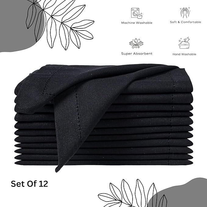 Black Cloth Napkins Set of 12, 18x18 Inch, Absorbent Cotton Blend Washable and Reusable Dinner Napkins for Table, Thanksgiving, Christmas, Wedding, Restaurant, Kitchen & Everyday Use